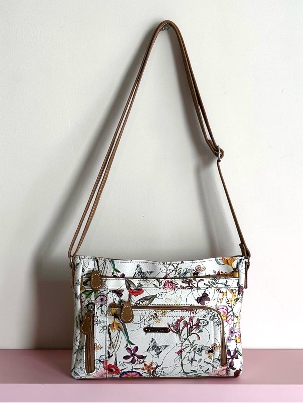 MultiSac Floral Print Shoulder Bag with Tan Trim